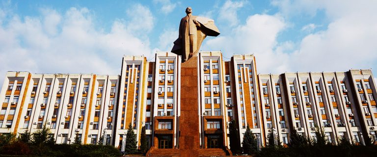 Supreme Soviet building behind the statue of Vladimir Lenin in Tiraspol, Transnistria